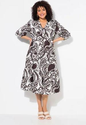 Ulla Popken Jerseykleid Midikleid Paisley A-Linie V-Ausschnitt 3/4-Arm