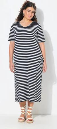 Ulla Popken Jerseykleid Midikleid Ringel A-Linie V-Ausschnitt Halbarm