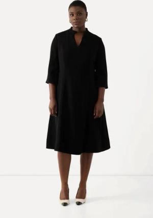 Ulla Popken Jerseykleid Midikleid Stehkragen V-Ausschnitt 3/4-Arm Taschen