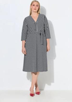 Ulla Popken Jerseykleid Midikleid Streifen A-Linie V-Ausschnitt 3/4-Arm