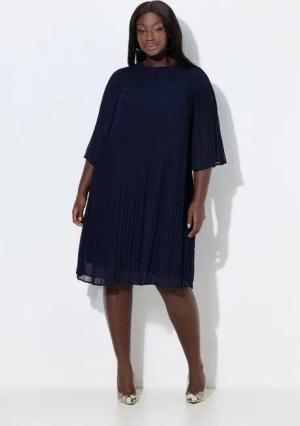 Ulla Popken Jerseykleid Plisseekleid A-Linie Tunika-Ausschnitt 3/4-Arm