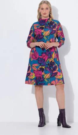 Ulla Popken Jerseykleid Punto-Kleid Blüten Stehkragen 3/4-Arm Taschen