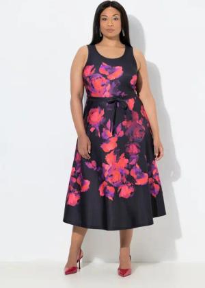 Ulla Popken Jerseykleid Scuba-Maxikleid A-Linie Blüten Rundhals ärmellos