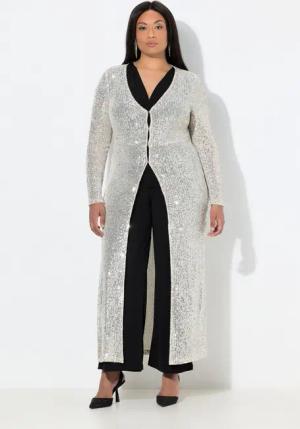 Ulla Popken Langjacke Longjacke Pailletten V-Ausschnitt Langarm