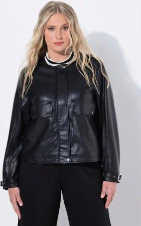 Ulla Popken Lederjacke Jacke Lederoptik Oversized Rundhals 2-Wege-Zipper