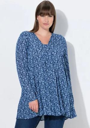 Ulla Popken Longbluse Bluse Blüten A-Linie Carré-Ausschnitt Langarm
