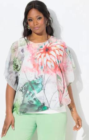 Ulla Popken Longbluse Bluse Blüten doppellagig Rundhals Halbarm