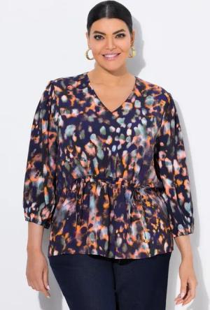 Ulla Popken Longbluse Bluse gemustert Raffband V-Ausschnitt 3/4-Arm