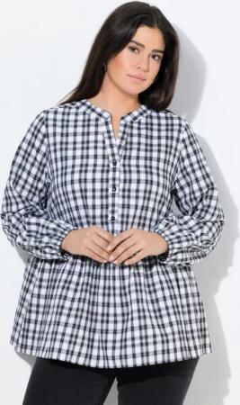 Ulla Popken Longbluse Bluse Karomuster Volantsaum Stehkragen Langarm