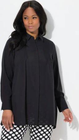 Ulla Popken Longbluse Bluse Plissee-Rücken A-Linie Hemdkragen Langarm