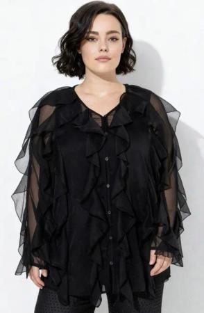 Ulla Popken Longbluse Bluse Volants A-Linie V-Ausschnitt Langarm