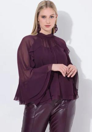 Ulla Popken Longbluse Cape-Bluse Chiffon Stehkragen Schal