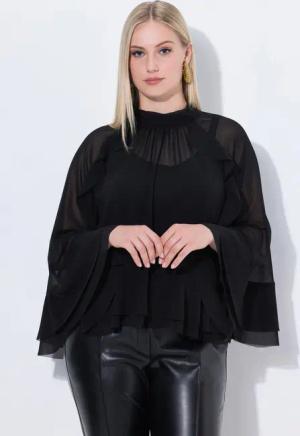 Ulla Popken Longbluse Cape-Bluse Chiffon Stehkragen Schal