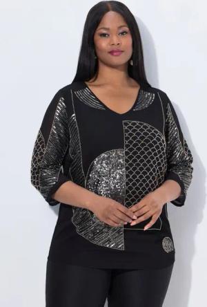 Ulla Popken Longbluse Chiffon-Bluse Pailletten/Perlen V-Ausschnitt