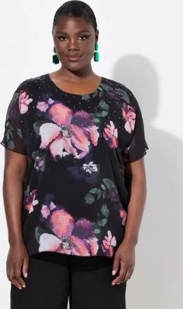 Ulla Popken Longbluse Chiffonbluse doppellagig A-Linie Rundhals Halbarm