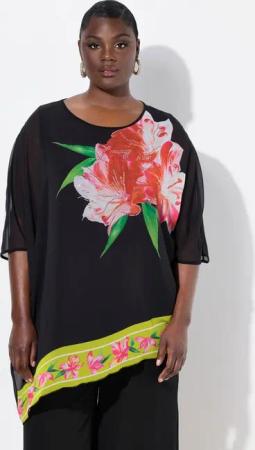 Ulla Popken Longbluse Chiffonbluse doppellagig Glitzerblüte Rundhals