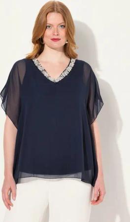 Ulla Popken Longbluse Chiffonbluse doppellagig V-Ausschnitt Halbarm