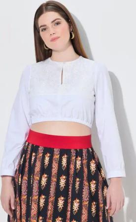 Ulla Popken Longbluse Dirndlbluse Spitze Rundhals Langarm Gummisaum