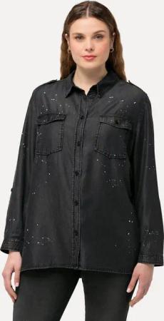 Ulla Popken Longbluse Jeansbluse Acid Wash Hemdkragen Langarm