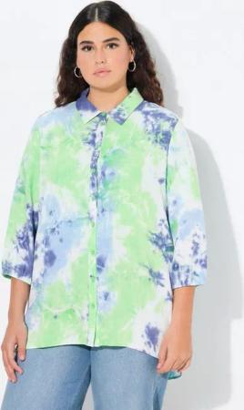 Ulla Popken Longbluse Leinenmix-Bluse Batik-Druck Hemdkragen 3/4-Arm