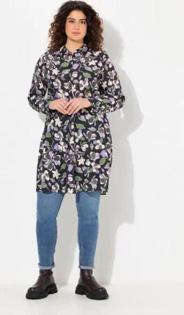 Ulla Popken Longbluse Longbluse Blüten A-Linie Hemdkragen Langarm