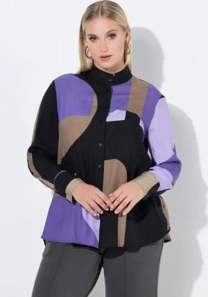 Ulla Popken Longbluse Longbluse Buchstaben A-Linie Stehkragen Langarm