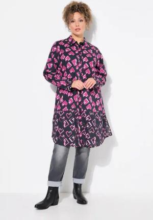 Ulla Popken Longbluse Longbluse Herzen A-Linie Hemdkragen Langarm