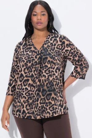 Ulla Popken Longbluse Lyocell-Tunika Leo-Design V-Ausschnitt 3/4-Arm