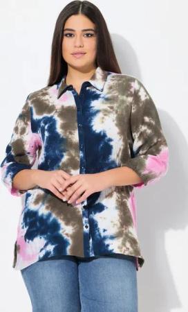 Ulla Popken Longbluse Musselin-Bluse Batikdruck Hemdkragen 3/4-Arm