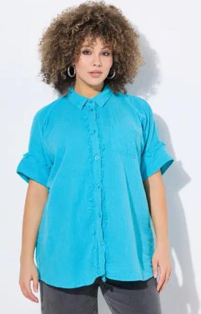 Ulla Popken Longbluse Musselin-Bluse Oversized Fransen Hemdkragen