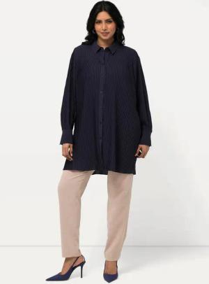 Ulla Popken Longbluse Plissee-Bluse A-Linie Hemdkragen Langarm