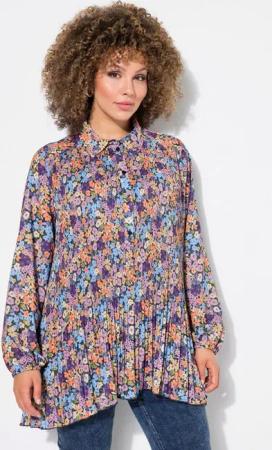 Ulla Popken Longbluse Plissee-Bluse Blüten A-Linie Hemdkragen Langarm