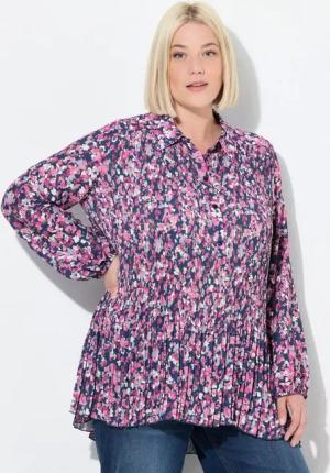 Ulla Popken Longbluse Plissee-Bluse Blüten A-Linie Hemdkragen Langarm