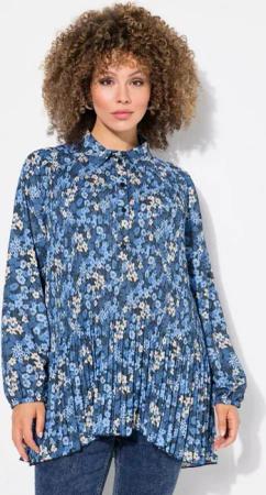 Ulla Popken Longbluse Plissee-Bluse Blüten A-Linie Hemdkragen Langarm