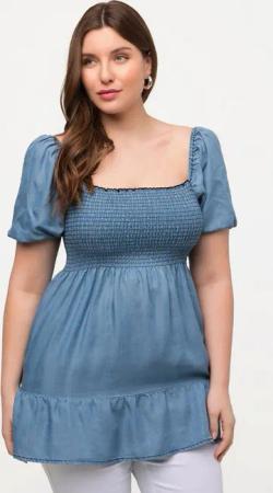 Ulla Popken Longbluse Smok-Longbluse A-Linie Carree-Ausschnitt Halbarm