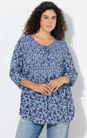 Ulla Popken Longbluse Smokbluse gemustert Rundhals 3/4-Arm Krepp