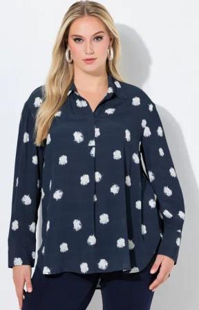 Ulla Popken Longbluse Tunika Tupfen Zierfalte Hemdkragen Langarm