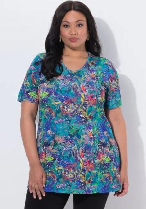 Ulla Popken Longshirt Longshirt A-Linie V-Ausschnitt Halbarm