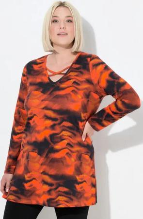 Ulla Popken Longshirt Longshirt A-Linie V-Ausschnitt Zierbänder Langarm