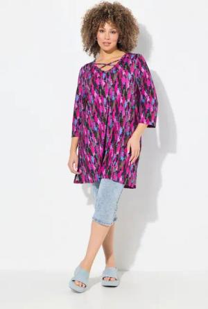 Ulla Popken Longshirt Longshirt A-Linie Zierbänder V-Ausschnitt 3/4-Arm