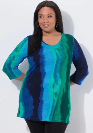 Ulla Popken Longshirt Longshirt Batikdruck A-Linie V-Ausschnitt 3/4-Arm