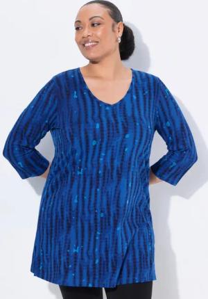 Ulla Popken Longshirt Longshirt Batikmuster A-Linie V-Ausschnitt 3/4-Arm