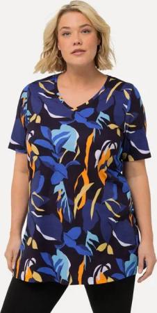 Ulla Popken Longshirt Longshirt Blätter A-Linie V-Ausschnitt Halbarm