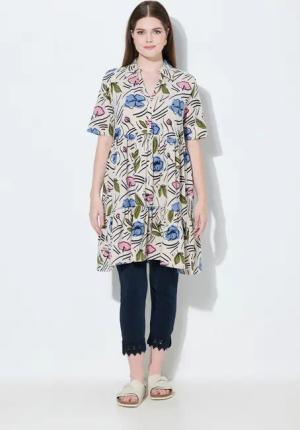 Ulla Popken Longshirt Longshirt Blüten A-Linie Polokragen Halbarm