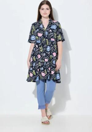 Ulla Popken Longshirt Longshirt Blüten A-Linie Polokragen Halbarm