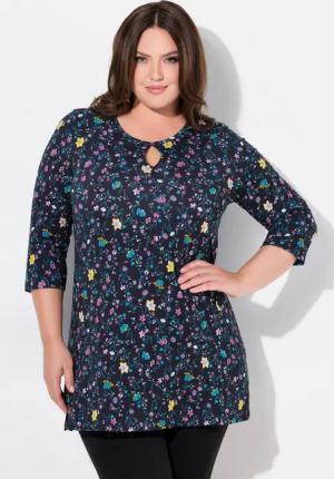 Ulla Popken Longshirt Longshirt Blüten A-Linie Rundhals 3/4-Arm