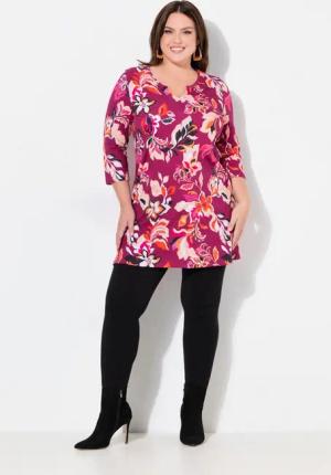 Ulla Popken Longshirt Longshirt Blüten A-Linie Tunika-Ausschnitt 3/4-Arm