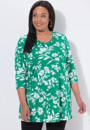 Ulla Popken Longshirt Longshirt Blüten A-Linie V-Ausschnitt 3/4-Arm