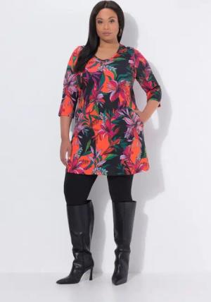 Ulla Popken Longshirt Longshirt Blüten A-Linie V-Ausschnitt 3/4-Arm