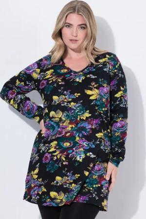 Ulla Popken Longshirt Longshirt Blüten A-Linie V-Ausschnitt Langarm